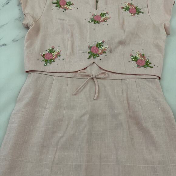 Renmor Womens Vintage 60s Sheath Dress Size M Pink Rose Floral Applique Bow - Picture 3 of 9